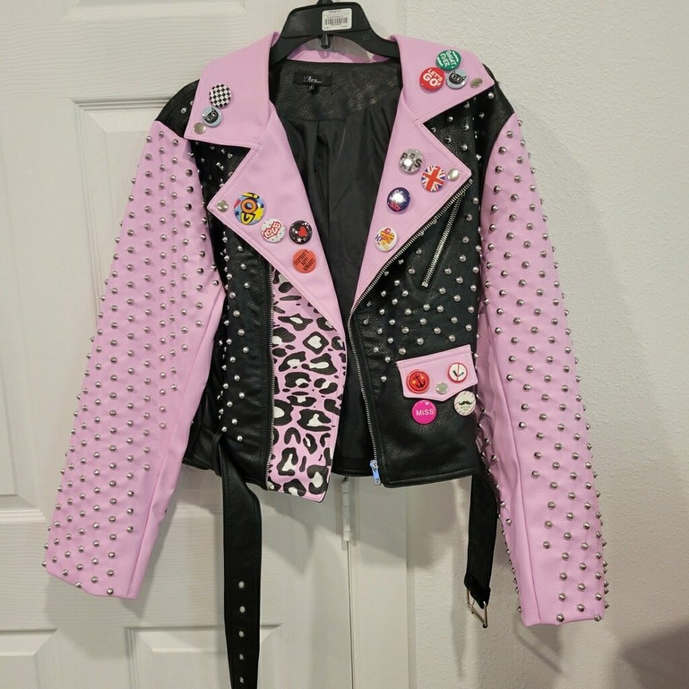 New Faux leather bomber jacket pink and black studded FOR HER Designs